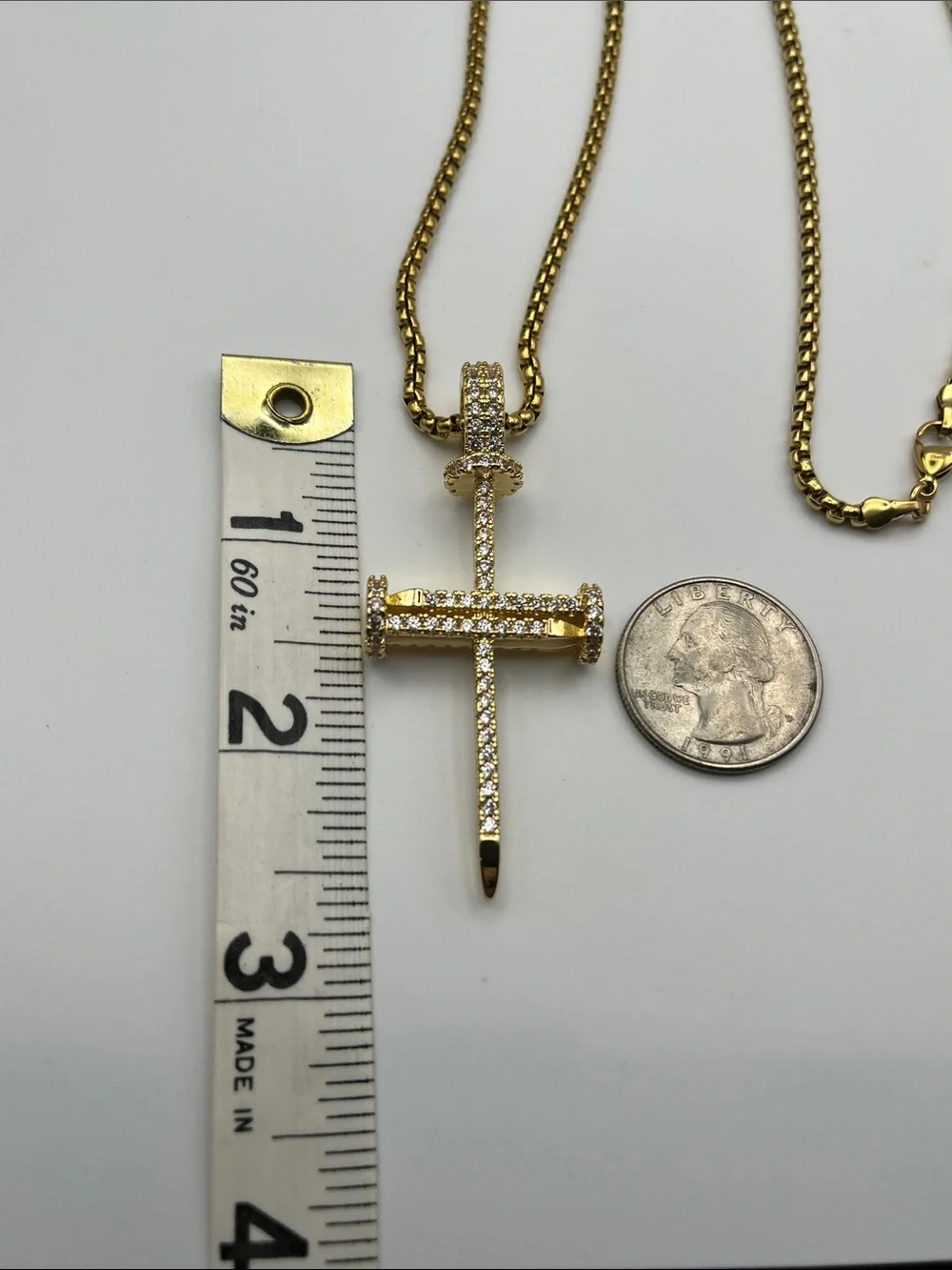24”, Gold over Stainless Steel Crystal Nail Cross Pendant w/ Rollo Necklace